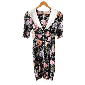 Vintage 80s Black Floral Lace Collar Cottage Dress. Size‎ 9